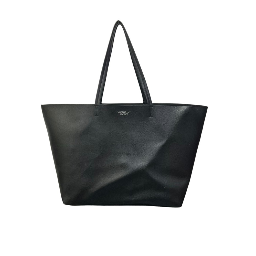 Victoria's Secret Black Faux Leather‎ Large Tote Bag Silver Logo Shoulder Bag